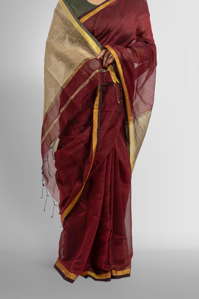 Maroon Handloom Cotton Silk Saree with Ghicha Pallu and Gold Zari Border