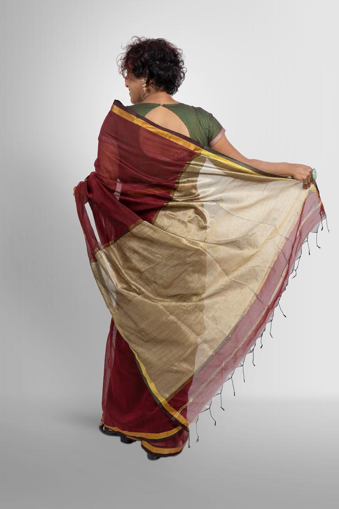 Maroon Handloom Cotton Silk Saree with Ghicha Pallu and Gold Zari Border