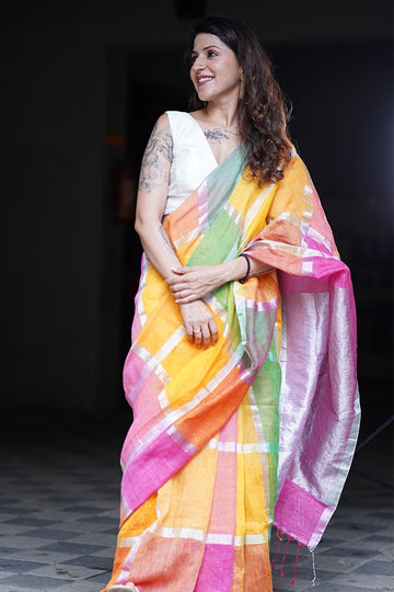 Multicolor Checks Linen Tissue Saree