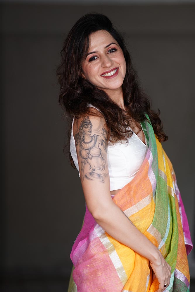Multicolor Checks Linen Tissue Saree