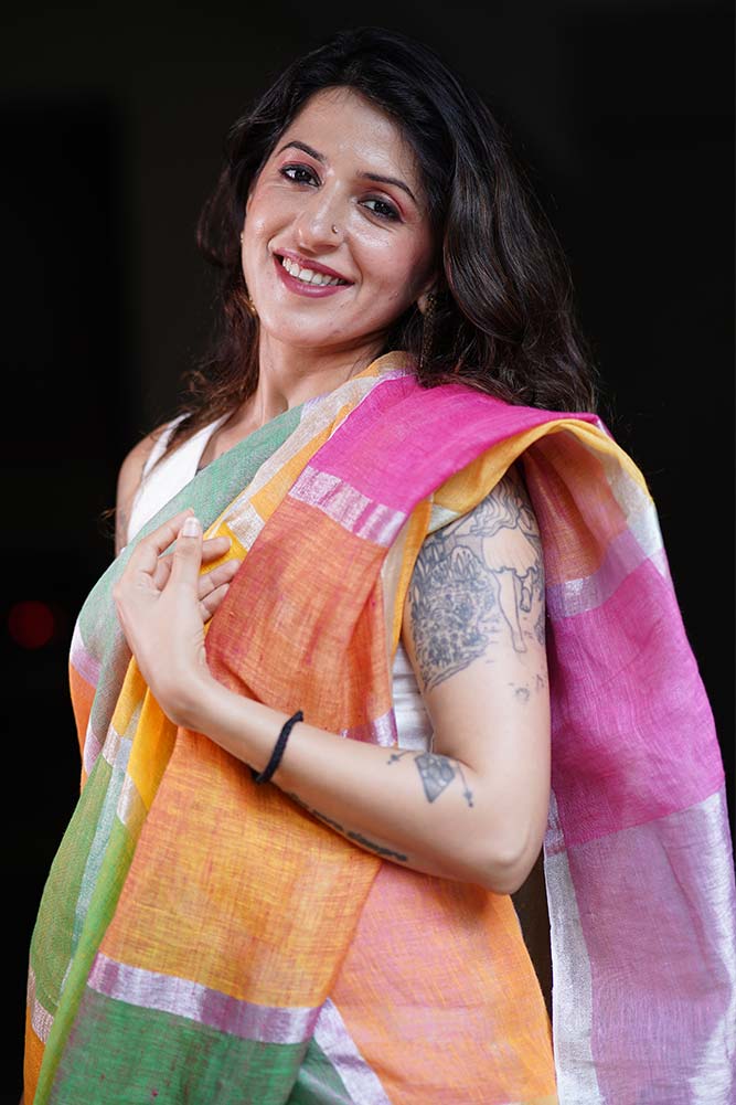 Multicolor Checks Linen Tissue Saree