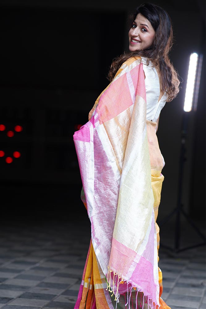 Multicolor Checks Linen Tissue Saree