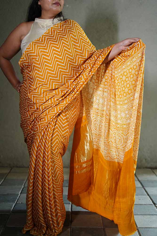 Mustard Yellow Modal Silk Lehriya Ajrakh Lagadi pallu SAree