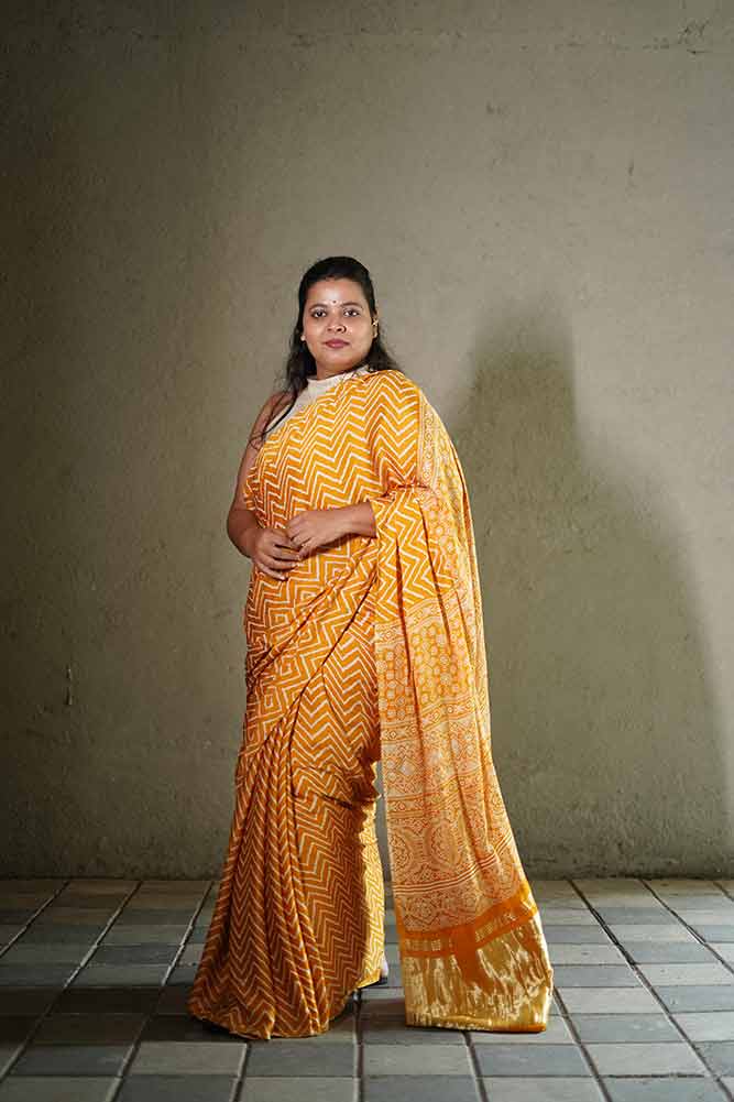 Mustard Yellow Modal Silk Lehriya Ajrakh Lagadi pallu SAree