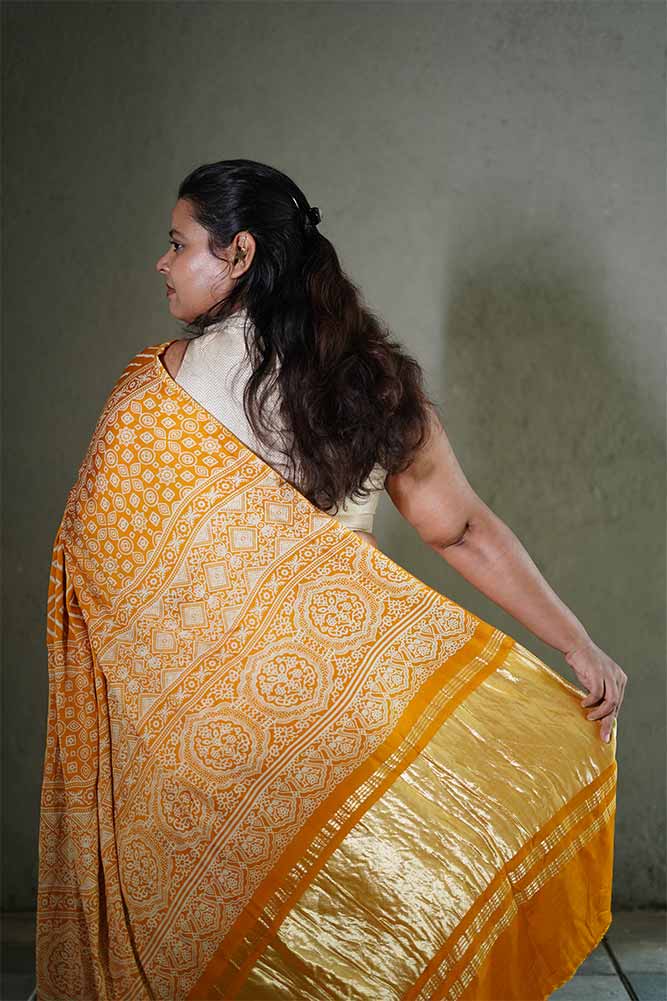 Mustard Yellow Modal Silk Lehriya Ajrakh Lagadi pallu SAree