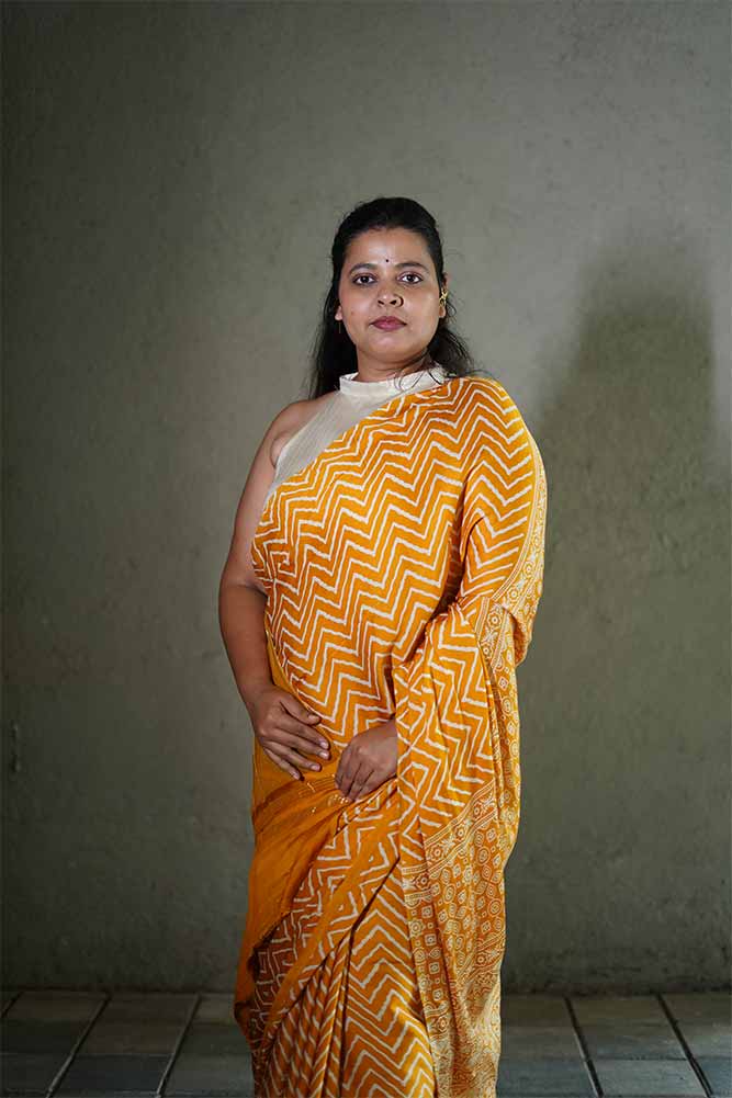Mustard Yellow Gajji Silk Lehriya Ajrakh Lagadi pallu