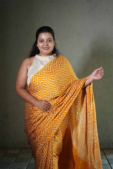 Mustard Yellow Modal Silk Lehriya Ajrakh Lagadi pallu SAree