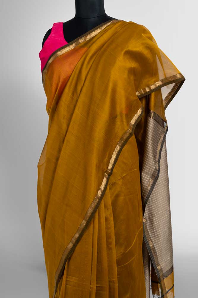Mustard Cotton Silk Handloom Maheswari Saree with Gold Zari & Ghicha Pallu