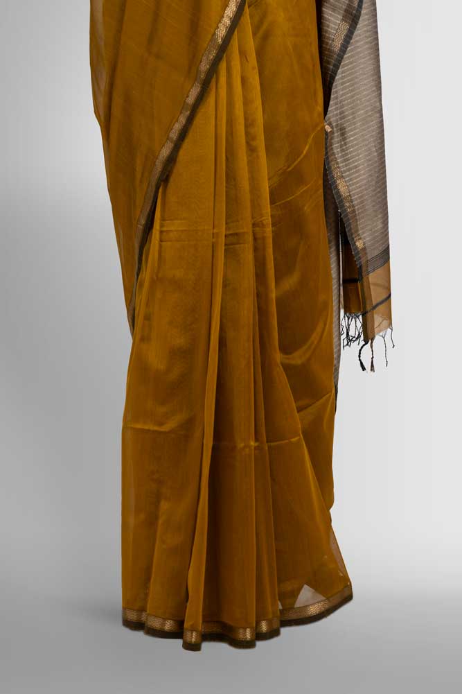Mustard Cotton Silk Handloom Maheswari Saree with Gold Zari & Ghicha Pallu