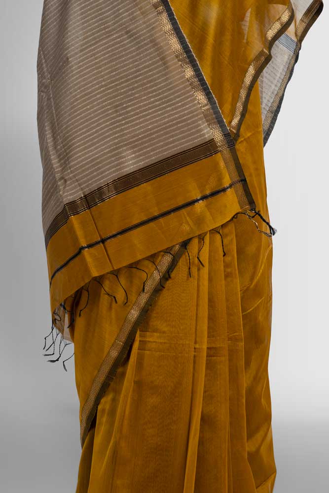 Mustard Cotton Silk Handloom Maheswari Saree with Gold Zari & Ghicha Pallu