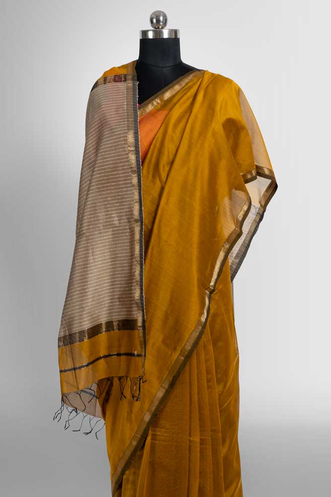 Mustard Cotton Silk Handloom Maheswari Saree with Gold Zari & Ghicha Pallu
