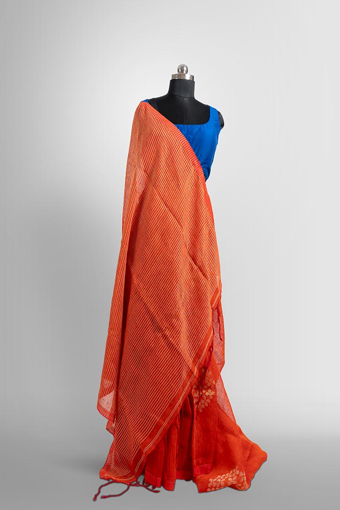 Orange Zari Flower Butti Handloom Linen