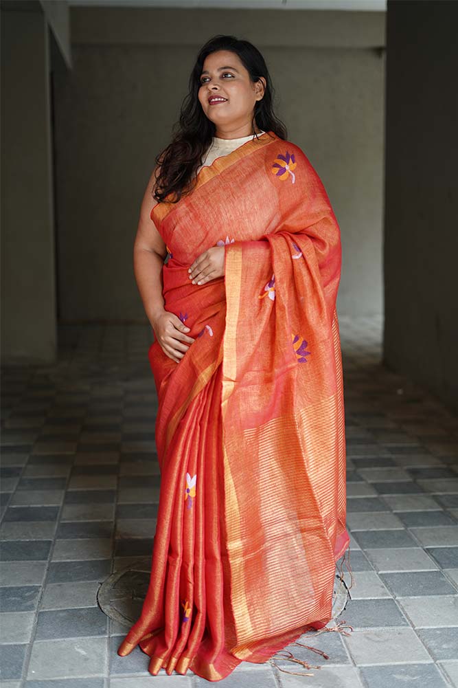 Orange Jamdani Tissue Linen Sarees