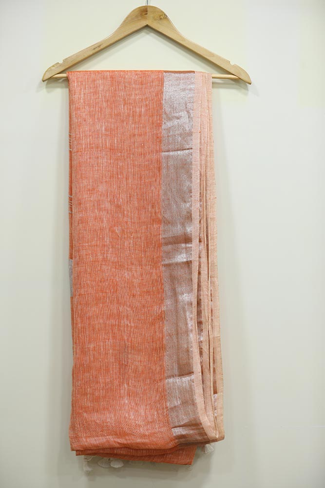 Peach Orange with Silver Plain Zari Handloom Linen