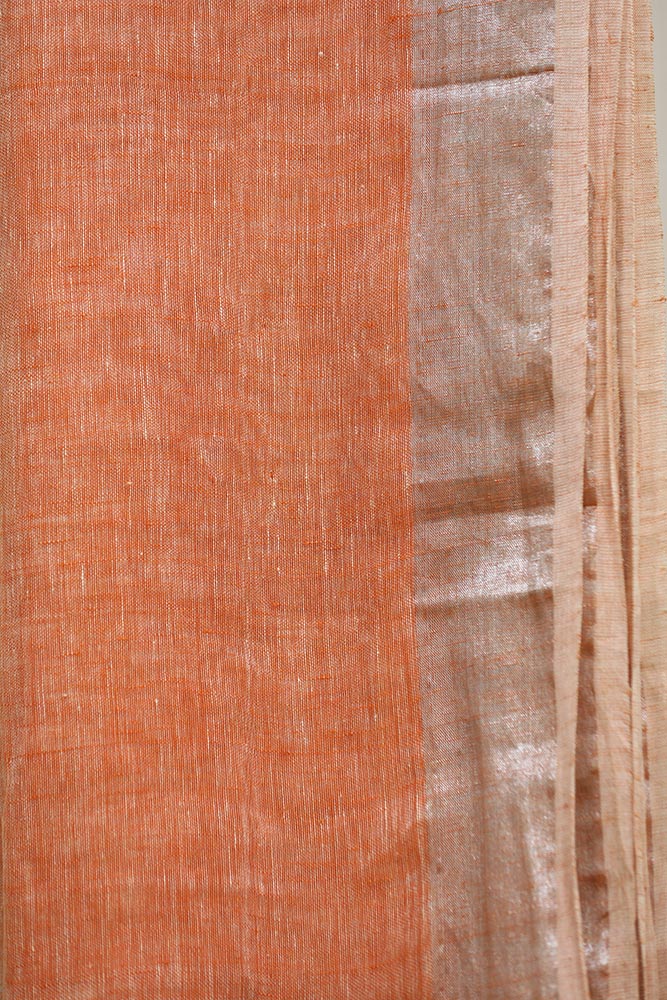 Peach Orange with Silver Plain Zari Handloom Linen
