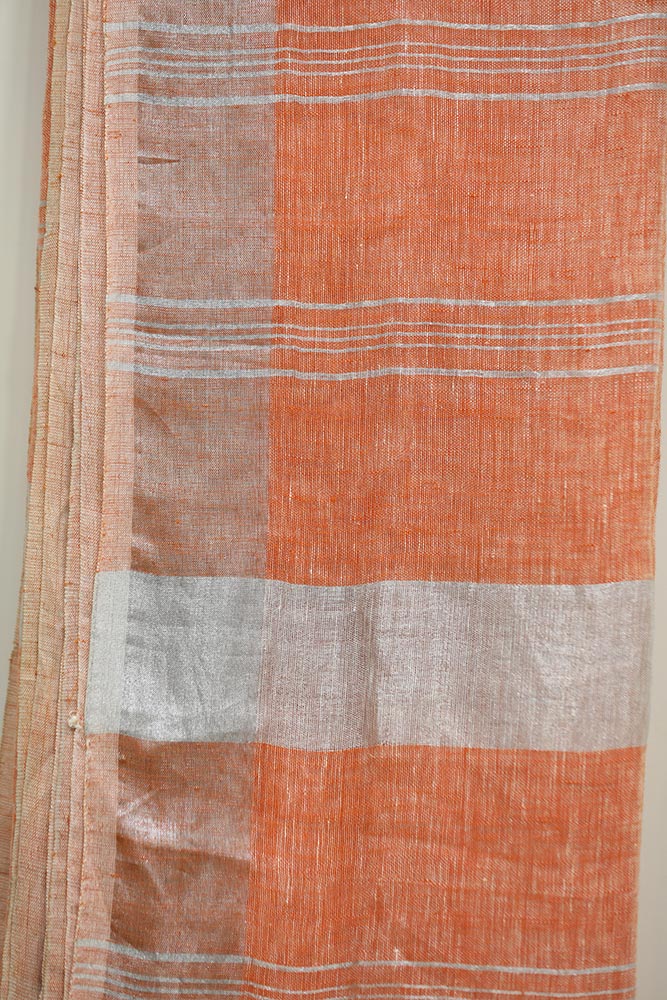 Peach Orange with Silver Plain Zari Handloom Linen
