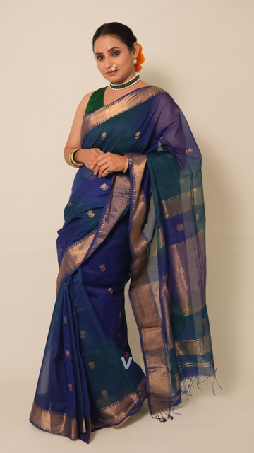 Peacock Blue Dual Shade Lotus Butti Handloom Maheshwari Saree