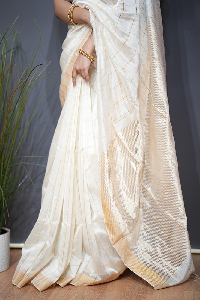 Pearl White Maheshwari Saree with Golden Zari Checks