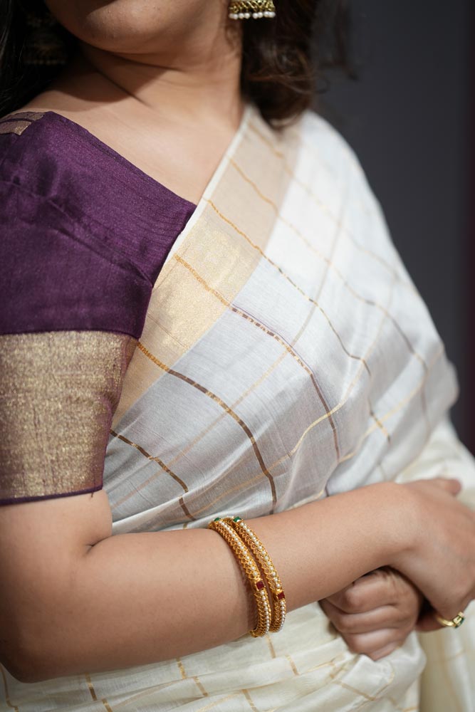 Pearl White Maheshwari Saree with Golden Zari Checks