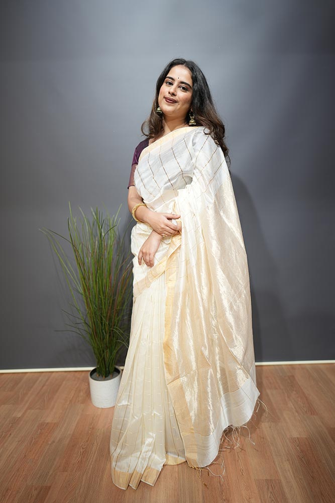 Pearl White Maheshwari Saree with Golden Zari Checks