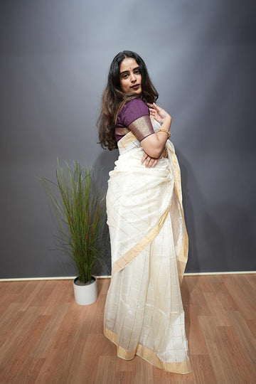 Pearl White Maheshwari Saree with Golden Zari Checks