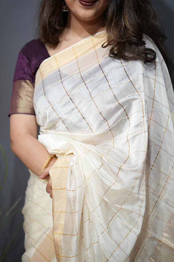 Pearl White Maheshwari Saree with Golden Zari Checks
