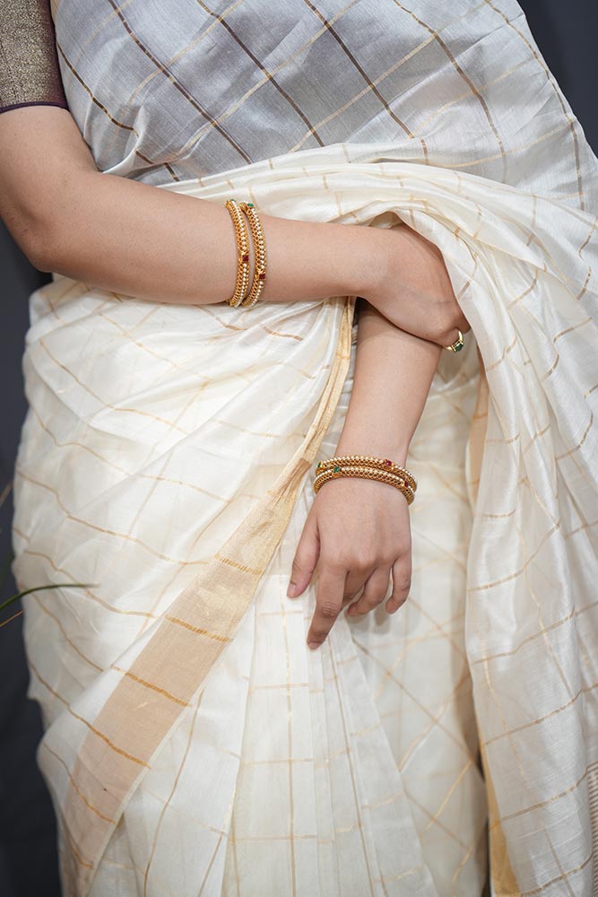 Pearl White Maheshwari Saree with Golden Zari Checks