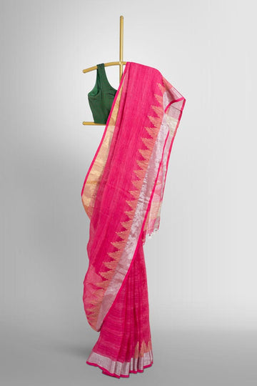 Pink Handloom Linen Saree with Temple work Zari Border Saree