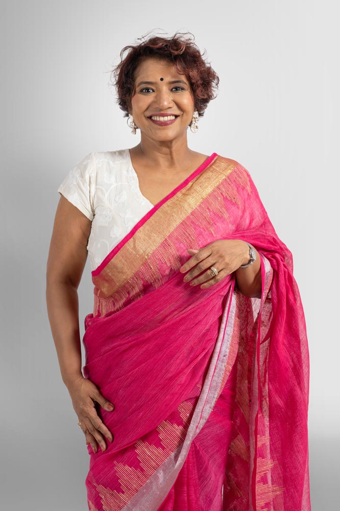 Pink Handloom Linen Saree with Temple work Zari Border Saree
