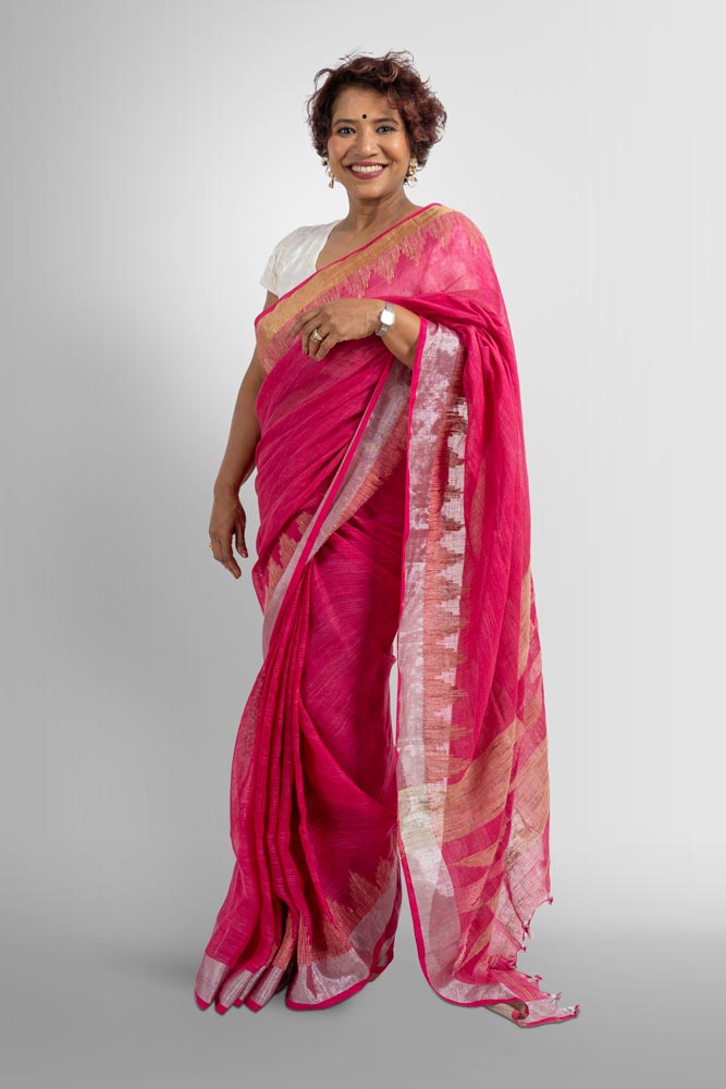 Pink Handloom Linen Saree with Temple work Zari Border Saree