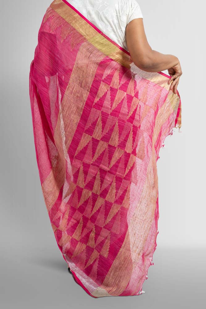 Pink Handloom Linen Saree with Temple work Zari Border Saree