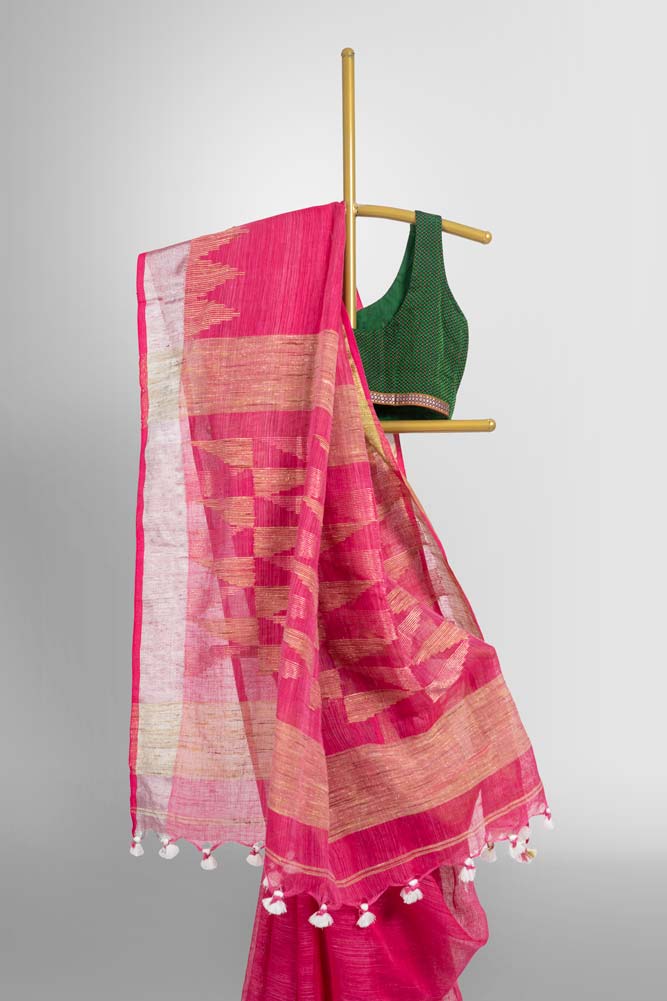 Pink Handloom Linen Saree with Temple work Zari Border Saree