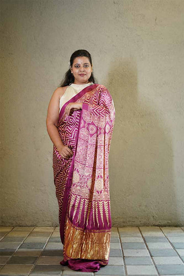 Purple Gajji Silk Lehriya Ajrakh Lagadi pallu