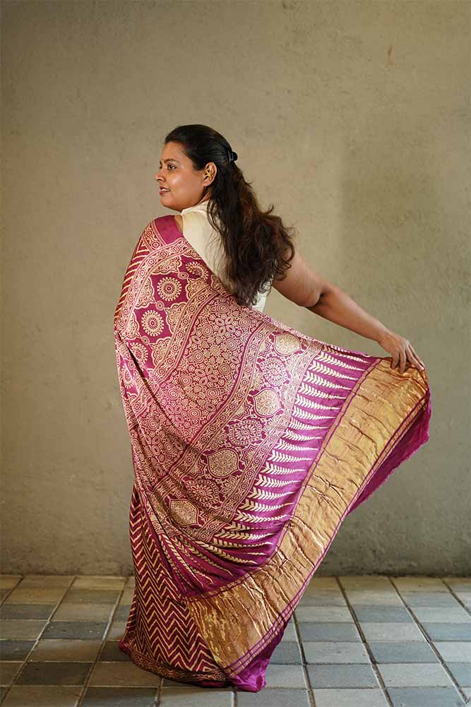 Purple Gajji Silk Lehriya Ajrakh Lagadi pallu