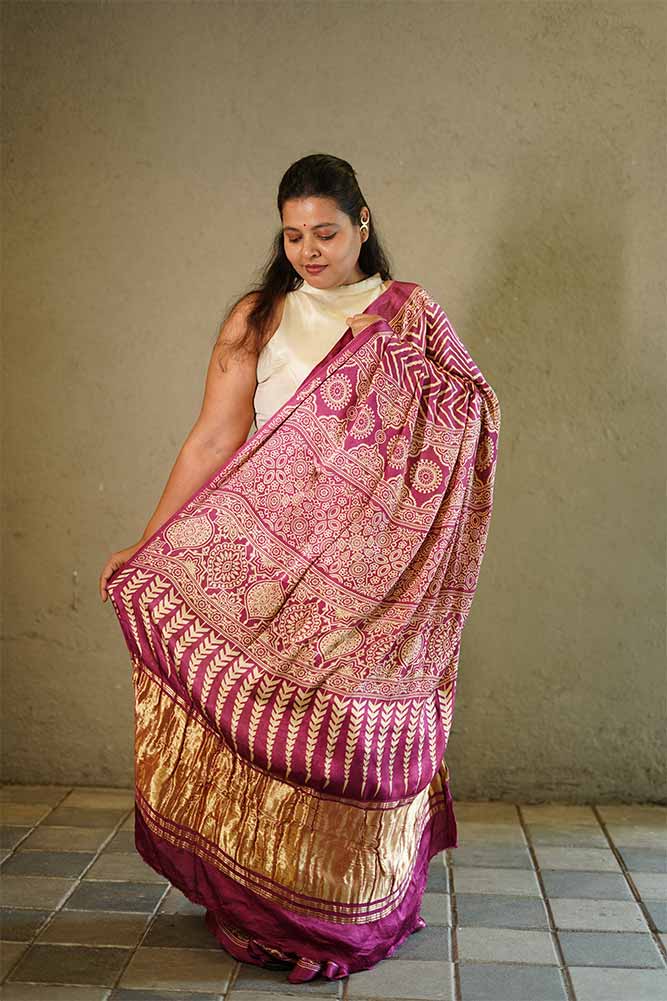 Purple Gajji Silk Lehriya Ajrakh Lagadi pallu