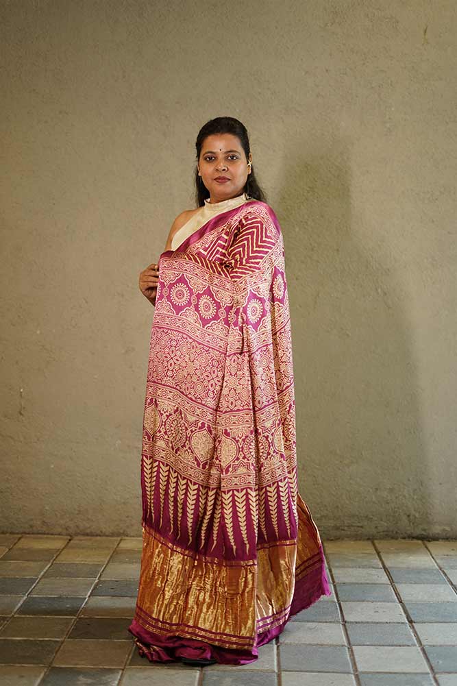 Purple Gajji Silk Lehriya Ajrakh Lagadi pallu