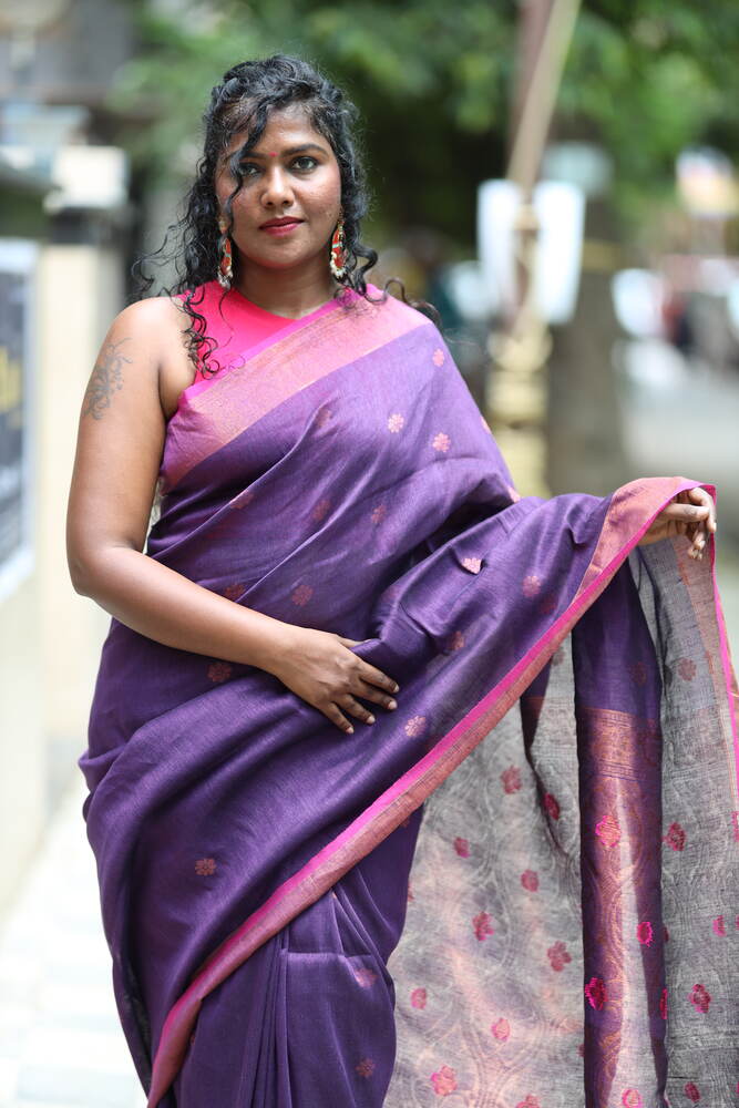 Purple Banarasi Pallu Organic Handloom Linen