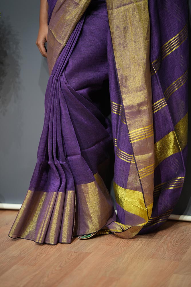 Plain Purple Handloom Linen Saree with Big Border Gold Zari Saree