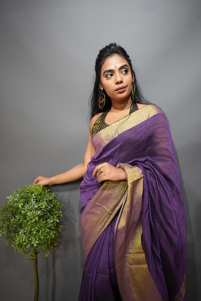 Plain Purple Handloom Linen Saree with Big Border Gold Zari Saree