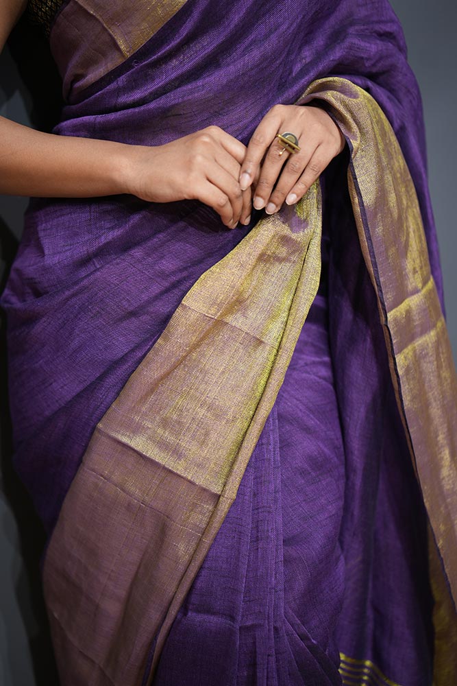 Plain Purple Handloom Linen Saree with Big Border Gold Zari Saree