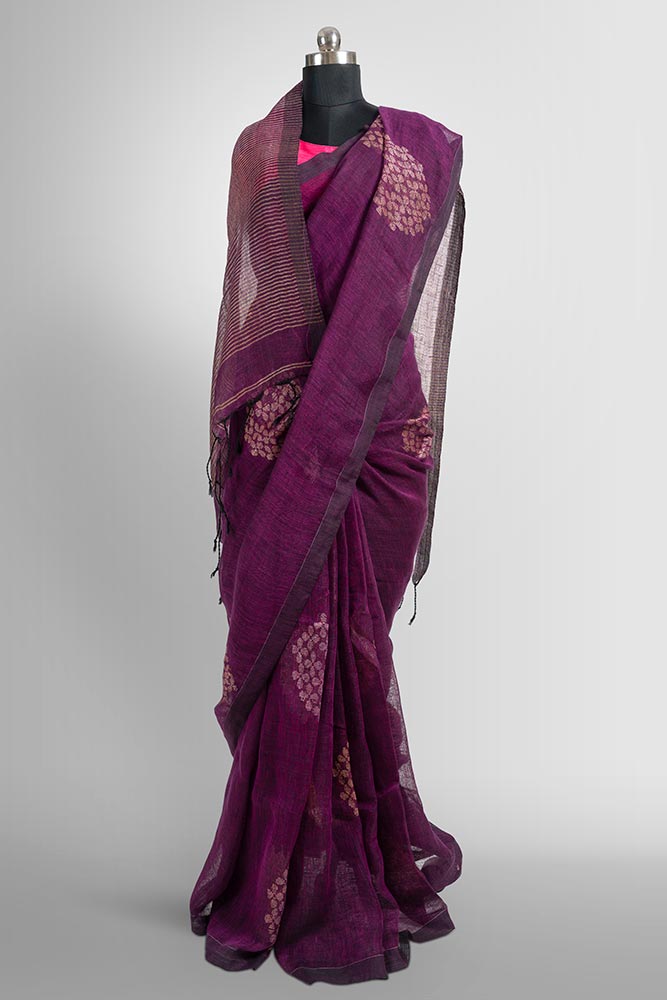 Purple Zari Flower Butti Handloom Linen