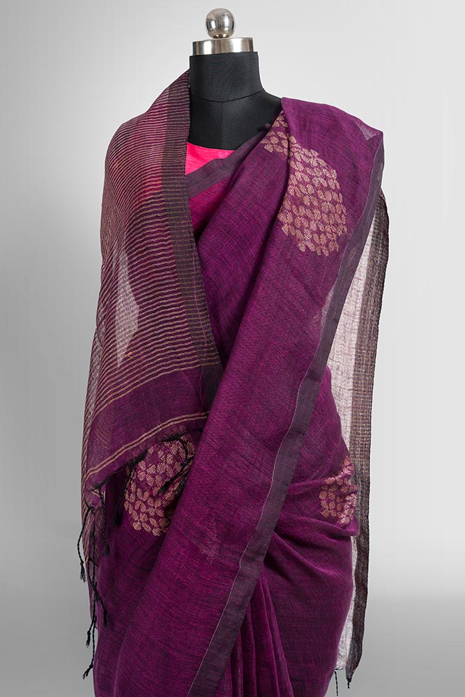 Purple Zari Flower Butti Handloom Linen