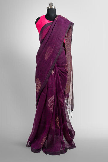 Purple Zari Flower Butti Handloom Linen