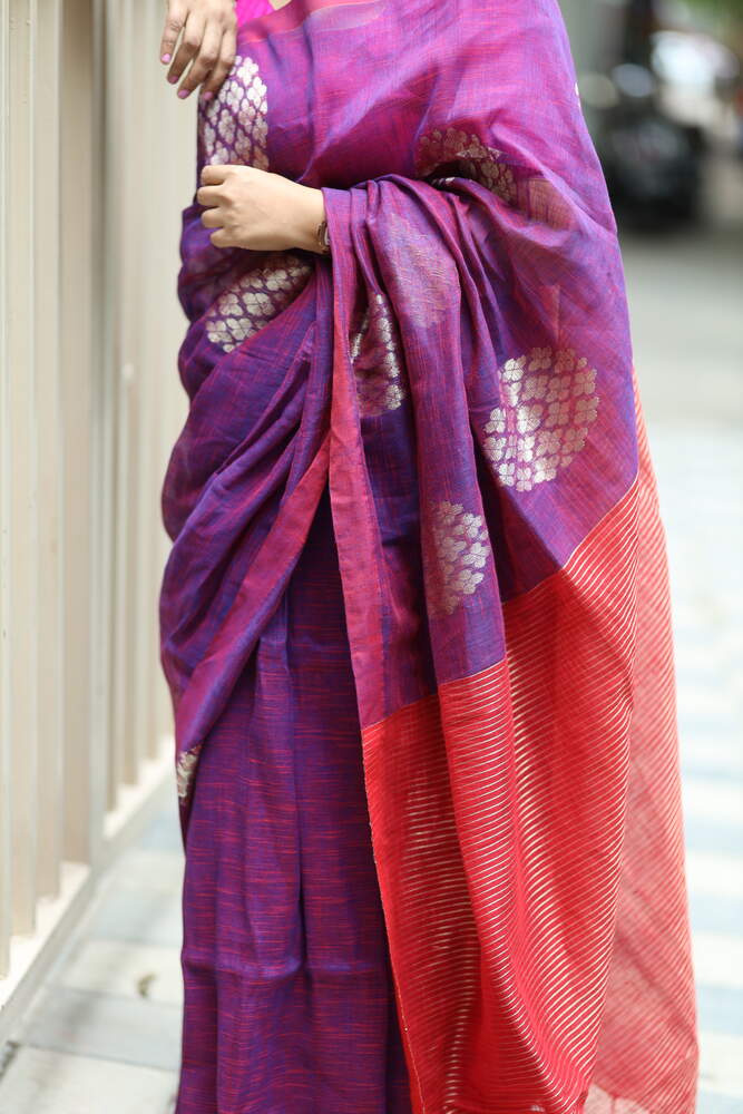 Purple and Red Big Flower Butti Handloom Linen