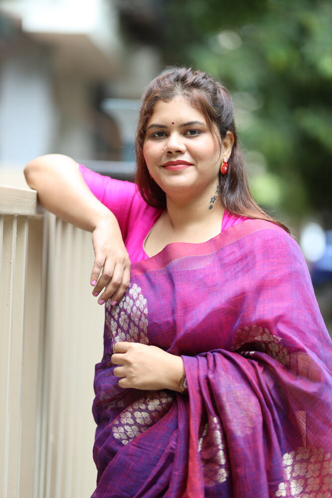 Purple and Red Big Flower Butti Handloom Linen