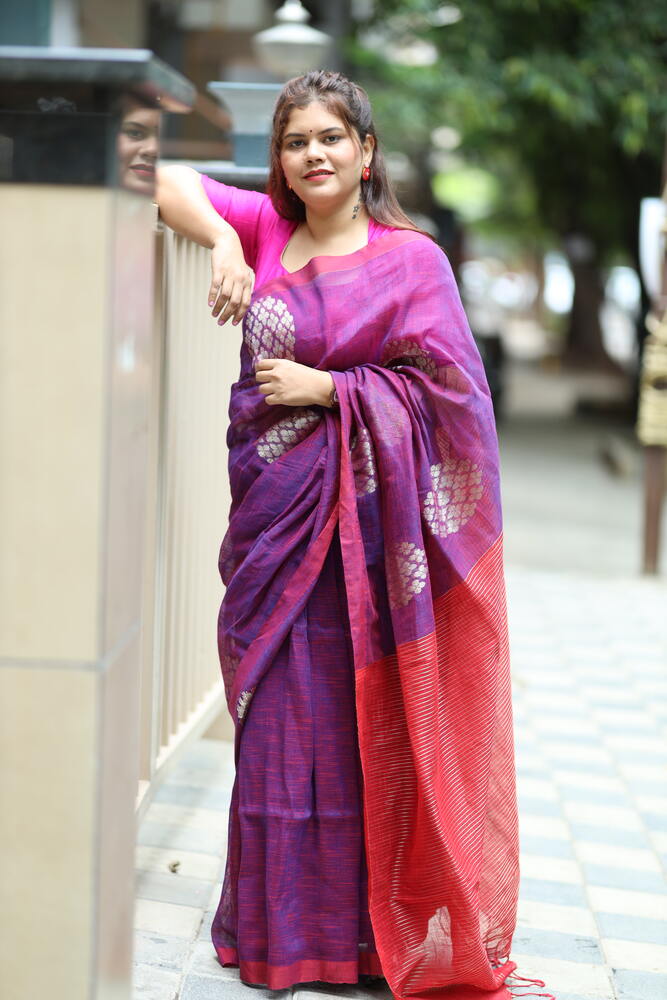 Purple and Red Big Flower Butti Handloom Linen