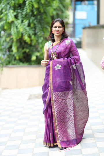 Purple Meenakari Butti with Banarasi Pallu Handloom Linen