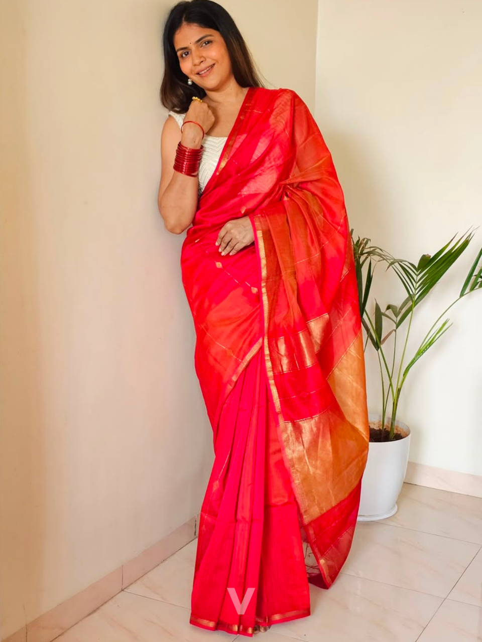 Red and Orange Dual Shade Maheshwari Zari Stripes Handloom Saree