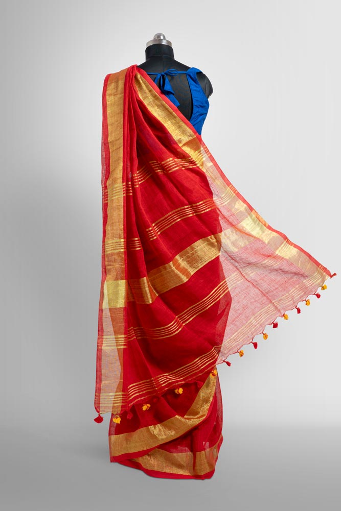 Red with Gold Plain Zari Handloom Linen