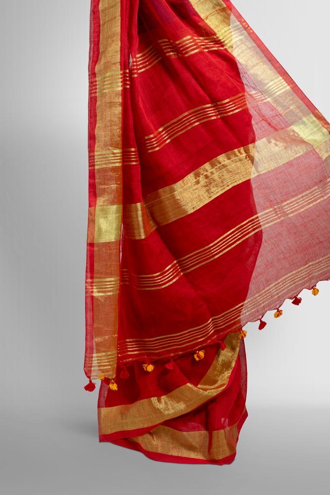 Red with Gold Plain Zari Handloom Linen
